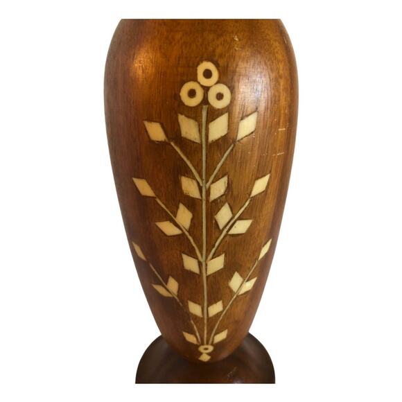 Vintage tall Wood Vase with White Bone inlaid design, hand crafted - Picture 2 of 9